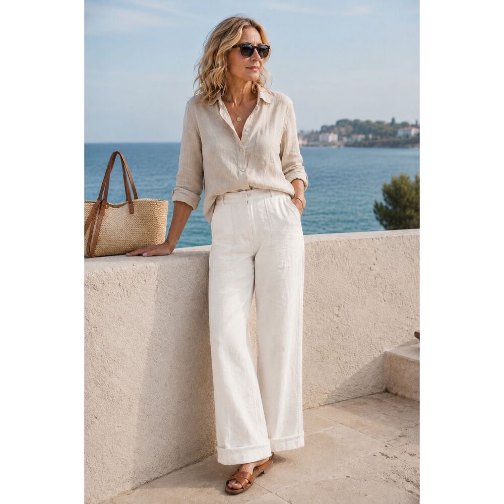 Nitya Womens White High Waist Linen Wide Leg Cuffed Trousers Pants Size 40